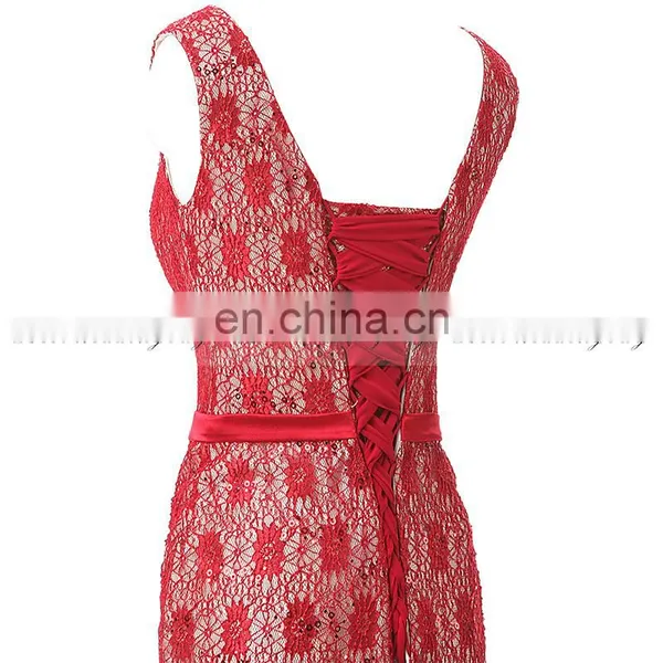 Real Pictures V Neck Lace-Up Sleeveless Mermaid Lace Evening Dresses SD344 photo-2