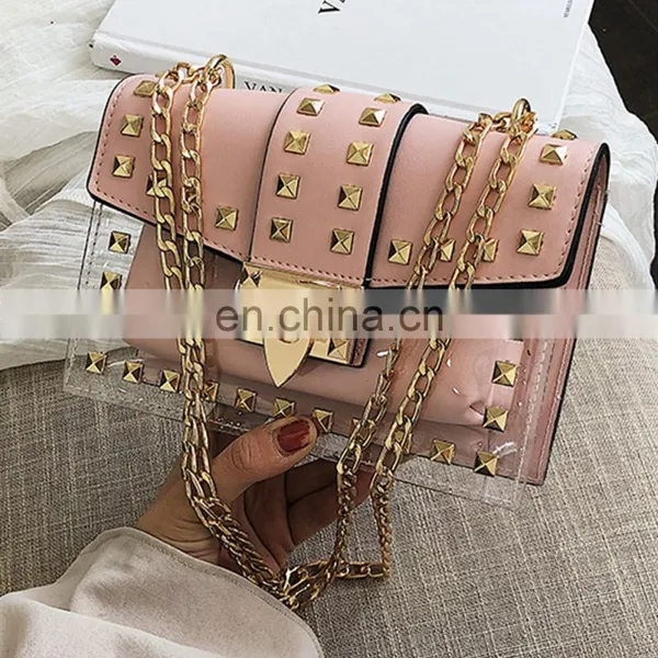 Messenger Bag Chain Shoulder, Bag Female Rivets Jelly Rivet Handbag Metal Buckle Transparent Square Pvc Handbag Clear Jelly Bag/ photo-5
