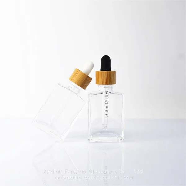 Bamboo Screw Collar Dropper Bottle Square Shape Glass Dropper Bottle Perfume Essential Oil Packing Glass Bottle Empty Clear Glass Bottles