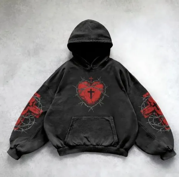 New Retro Oversized Black Winter Embroidered Hoodie Solid Loose Pullover Sweatshirt 100% Cotton Streetwear for Men and Women