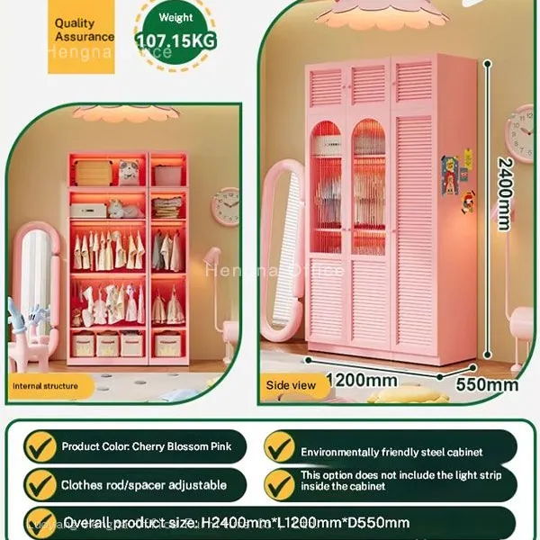French Romantic Pink Metal Wardrobe With Fluted Glass Doors | Art Glass Design for Luxury Residences