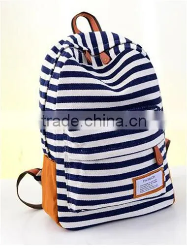 Fashion Simple Strip for Canvas Backpack Navy Blue Shoulder Bag photo-5