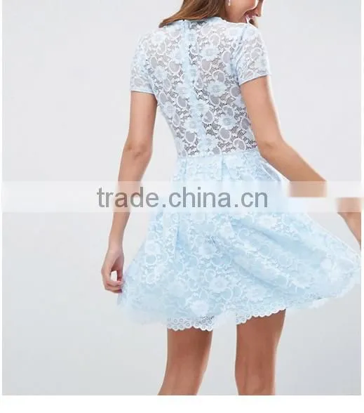 Guangzhou Clothing OEM Blue Pleated Skirt Lace Mini T-Shirt Dress photo-2