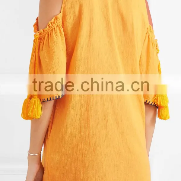 Boho Cold-shoulder Flora Embroidered Crinkled Cotton Mini Dress Mexican Western Dresses Names HSd5199 photo-3