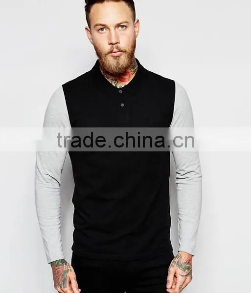 Best Price MGOO OEM Factory Long Sleeve Muscle Polo With Contrast Sleeves In Black photo-5