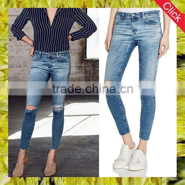 Lastest Ladies High Waisted Skinny Ripped Scratch Printed Denim Jeans Pants Top Design