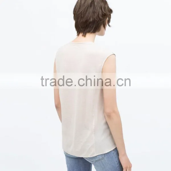 2015 New Fashion Sleeveless Round Neck Print Chiffon Lady Top Designer photo-4