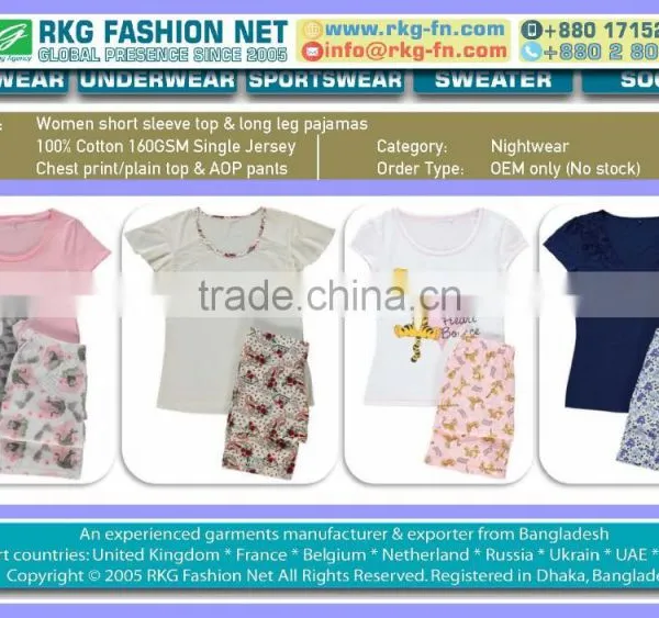 Women Cotton Jersey Short Sleeve Top & Long Pant Pajamas