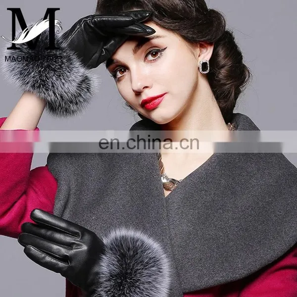 Warm Real Leather Glove With Big Genuine Fox Fur Beautiful Glove photo-4
