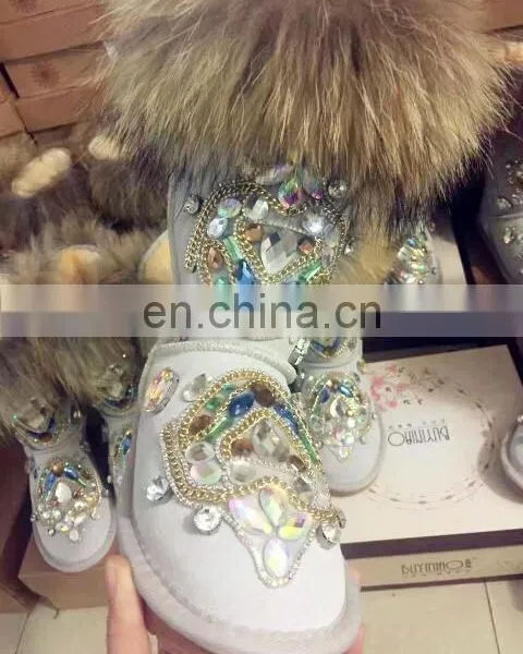 Aidocrystal Handmade Women Fur Snow Boots With Rhinestone photo-5