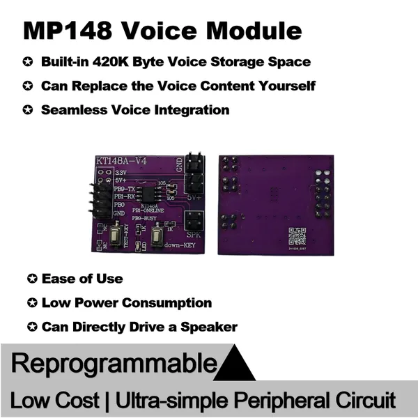 MP148 Voice Module Sound Prompt One Wire UART Serail Control/Button Trigger Configuration Low Cost Easy for Alarm Clock Greeting Card Toys Door Bells