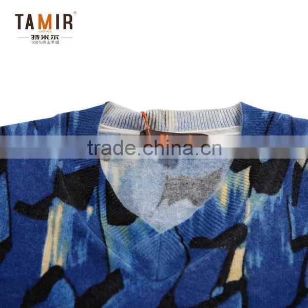 Muti Color Print V Neck Cashmere Sweater, Ladies Fashion Delicate Print Cashmere Sweater photo-3