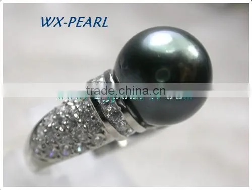 Large Round Tahitian Pearl Ring in Peacock Green photo-2