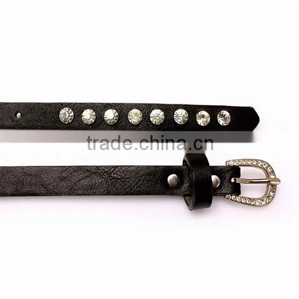 Fashion Rhinestone Decorated Pin Buckle Sex Girl Black Thin PU Waist Belt photo-5