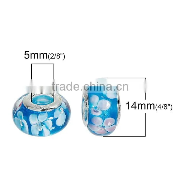 Round Silver Plated Core Flower Pattern Blue Transparent Lampwork Glass European Style Large Hole Charm Beads photo-2