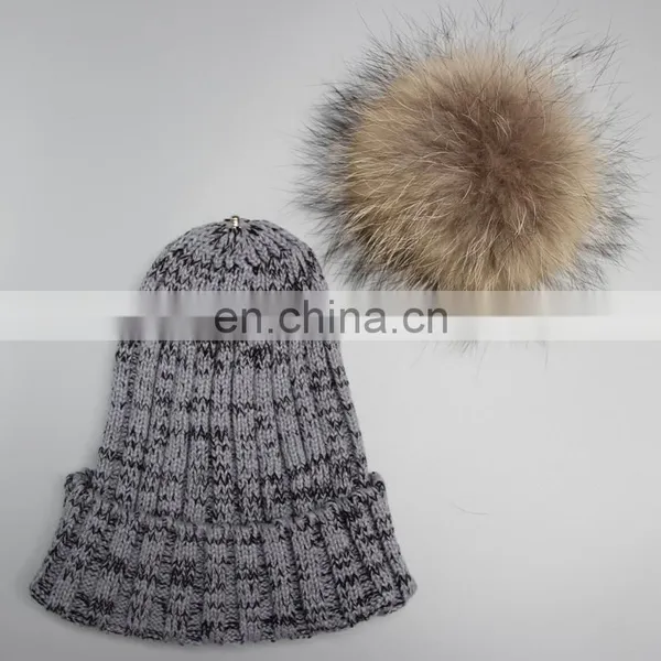 Winter Lady Knit Beanie Hat With Real Raccoon Fur Ball photo-6
