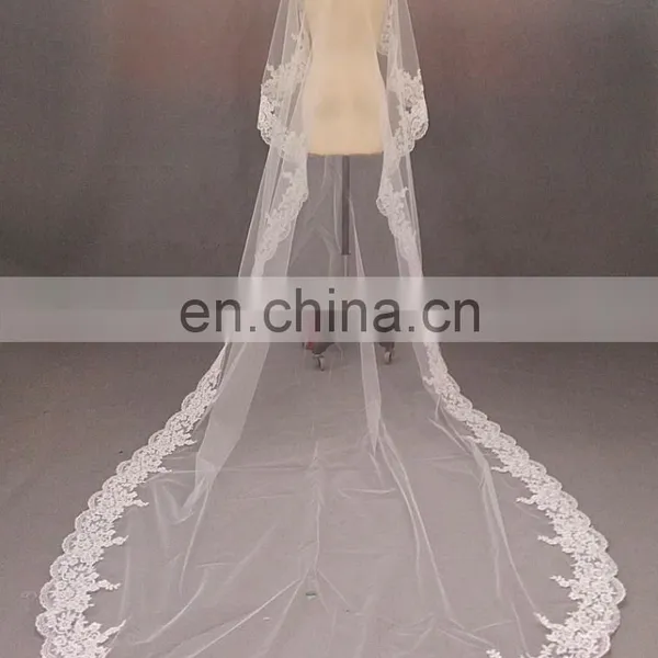 Real Pictures Long Ivory Wedding Veil With Lace Hem Online Sale photo-2