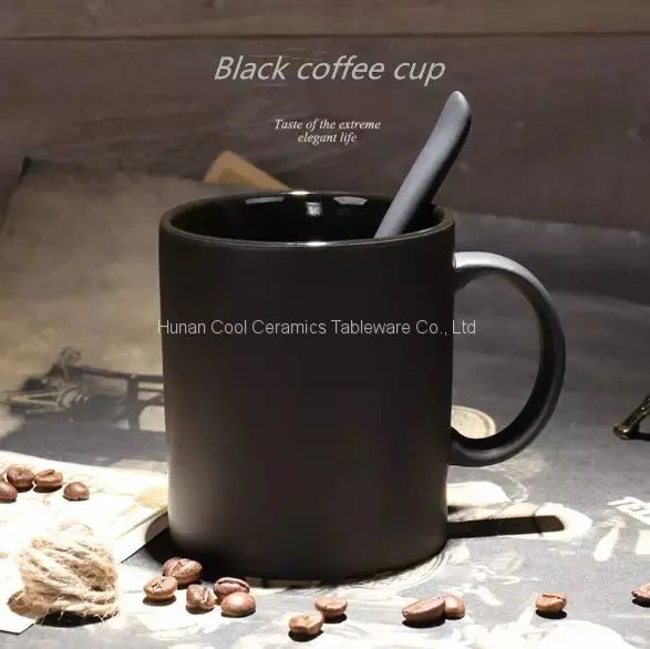 Glazed Black Coffee Ceramic Mugs,dull Polish With Spoon, Matter Milk Cup