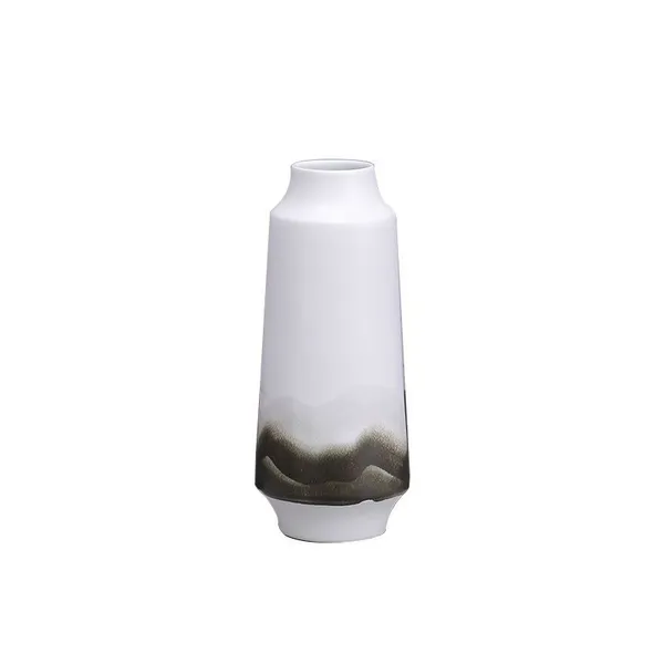 Trapezoid Cylinder White Green Ink Color Cover Small Ceramic Vase, Office Home Furnishing photo-5