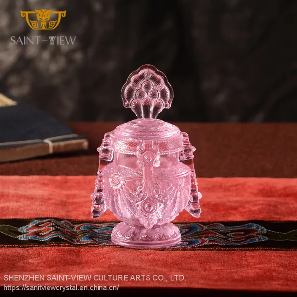 Buddhism Liuli With Brass Lid & Saucer Auspicious Craft Holy Water Cup photo-2