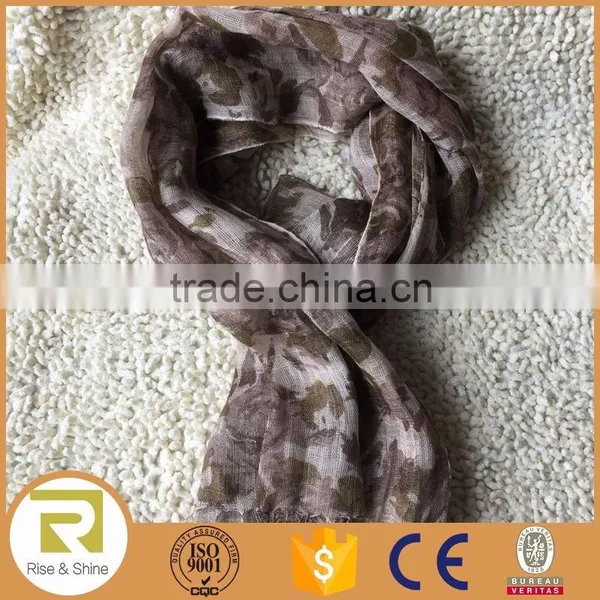 Wholesale 100% Linen Coffee Flower Printed Fringed Shawl Scarf