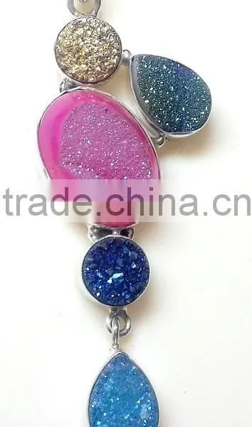 Multistone Coated Druzy Gemstone Pendant, 925 Solid Sterling Silver Druzy Pendant, Druzy Bezel Pendant