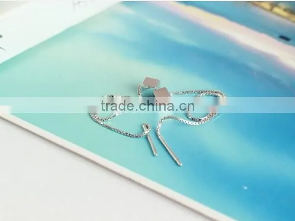 925 Sterling Silver Square Cube Zirconia Thread Line Threader Earrings photo-5