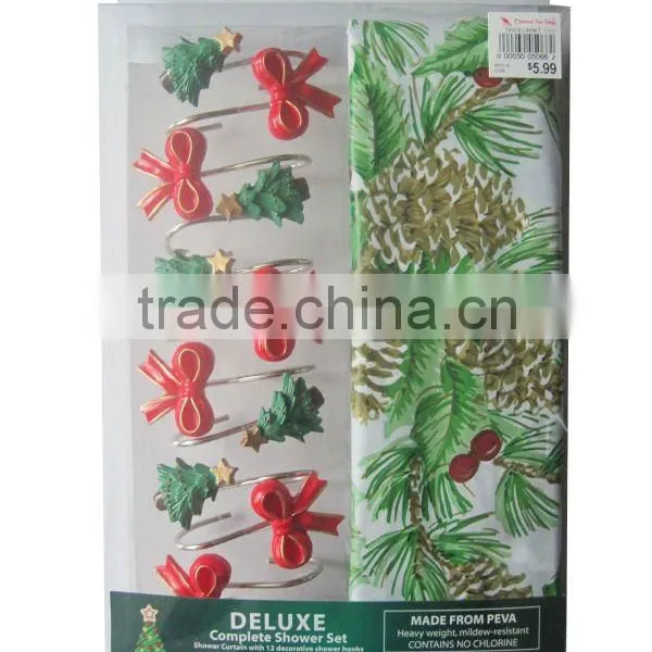 Christmas Series Shower Curtain&12pcs Decorative Resin Hooks Set