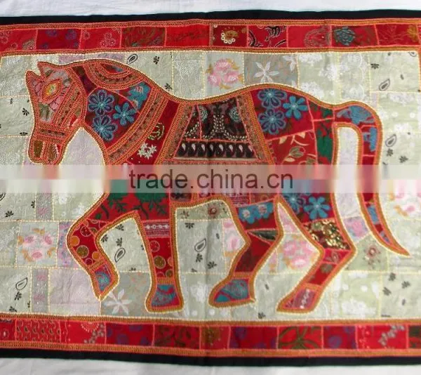 Indian Old Fabric Wall Decor With Horse Figure - Handworked Cotton Fabric Patchwork Wall Hanging Tapestry photo-4