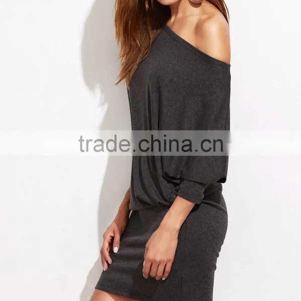 Off Shoulder Blouson Dress Women Long Sleeve Autumn Winter Grey Sexy Party Mini Dresses Women Vestidos photo-5