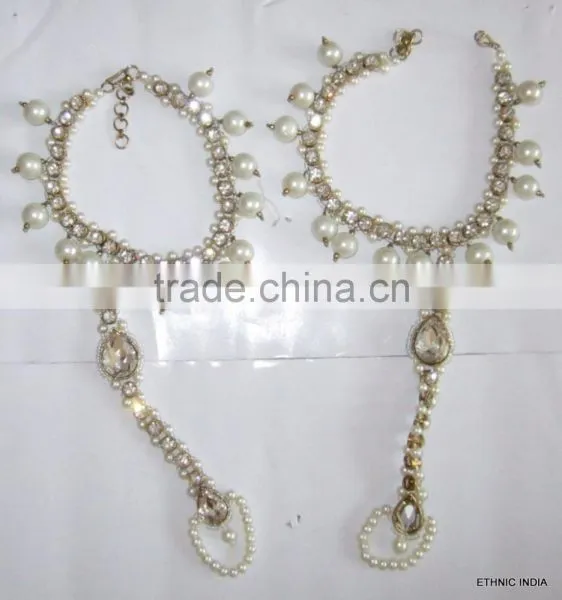 PEARL CRYSTAL Beads Payal ANKLETS Pair Feet Barefoot Sandal Toe Ring photo-2