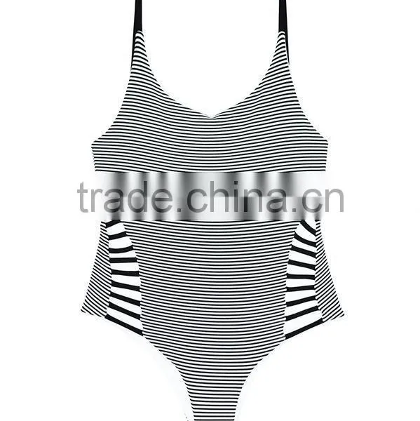 Ladies Black and White Stripe and Side Black Strap One-piece Swimwear photo-3