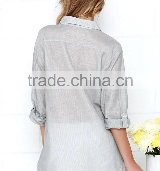 Loose Short Sleeve With Pocket Striped Design Lady Blouse photo-5