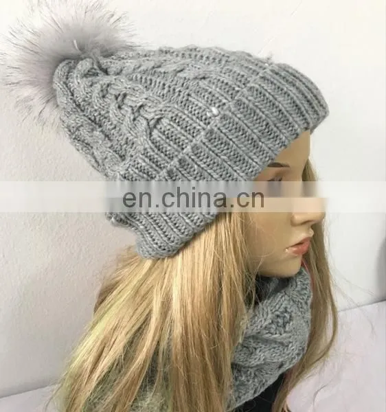 Newest Women's Fashion Winter Pur Colour Acrylic Knitted Scarf Hat Set With Ball on Hat photo-3