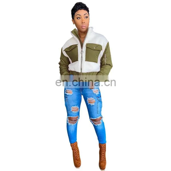 Stand Collar Long Sleeve Fleece Cropped Jackets Autumn Winter Zipper Pockets Plush Soft Coat Casual Color Block Furry Outerwear photo-2