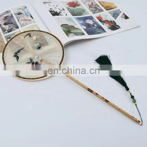 Chinese Style Multi-pattern Silk Embroidery Dual-faced Handmade Fan With Long Wooden Handle And Tassel Pendant(20*51cm) photo-5