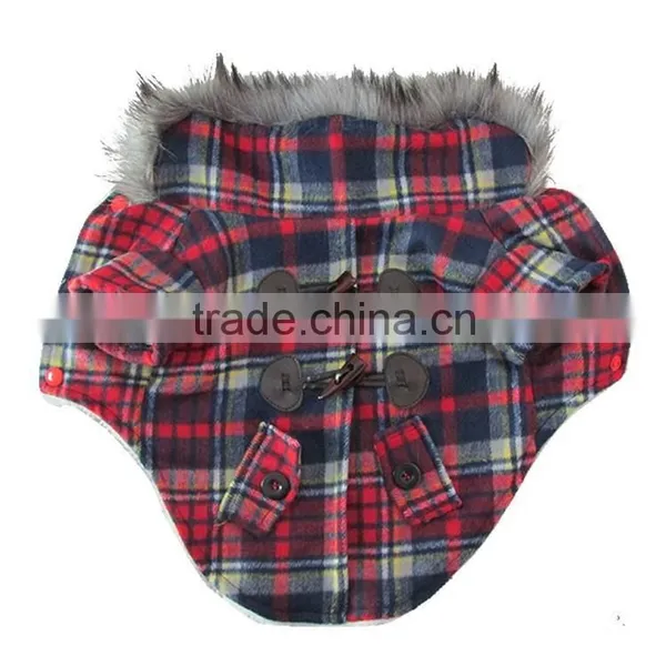Luxury Fur Collar Horn Buttons Red and Blue Lattice Plaid Dog Coat With Extra Heavy Soft Wool Material Fit for Autumn and Winter photo-3