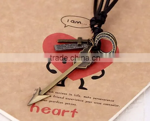 Long Men Vintage Alloy Arrow Pendant Leather Cowhide Lanyard Necklace photo-2