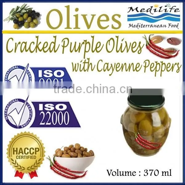 Cracked Purple Olives With Cayenne Peppers, High Quality 100% Tunisian Table Olives,Cracked Olives With Peppers 370 ml Glass Jar
