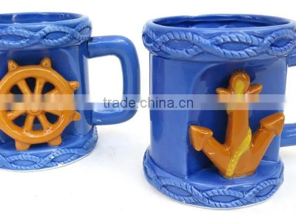 Mug Set, Includes Ship Wheel and Anchor Design, Blue Ceramic Coffee Mug Set photo-2