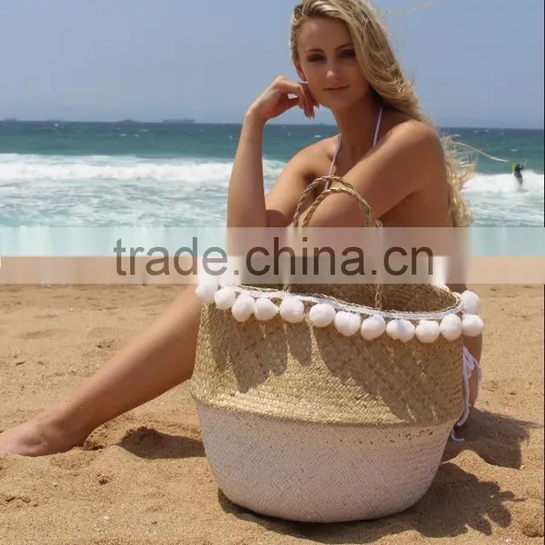 Tiny Black and White Pompom Chain Beach Bag, Pompom Belly Seagrass Basket photo-2