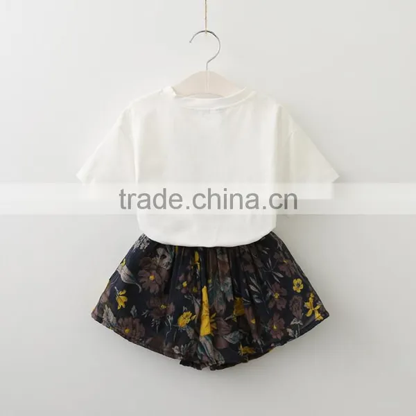 2017 Wholesale Girls Summer Apparel White t Shirt With Cat Print +mini Floral Dress Lothing Set photo-2