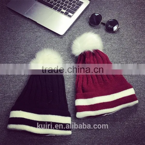 Brand Design 2016 Newly Design Women Winter Warm Crochet Knitted Hat Striped Cap Beanie With Faux Fur Ball photo-4