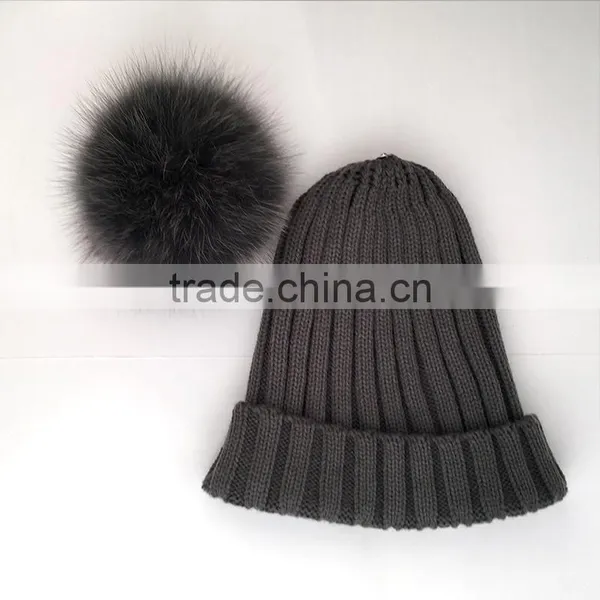 Myfur Dark Grey Knitting Hat for Adults With Real Fox Fur Pompom photo-4