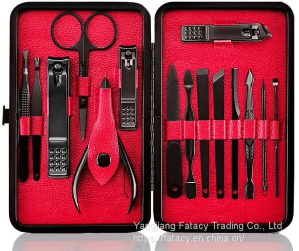 15pcs Black Coated Personal Care Set In Leather Case Manicure Set