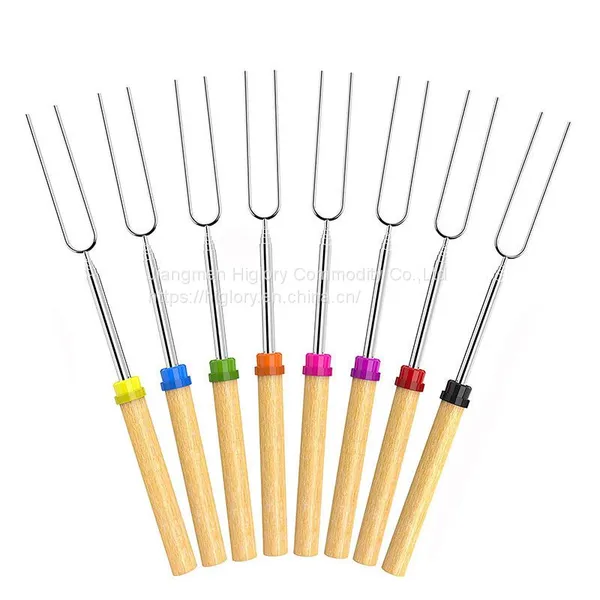 Professional Telescopic BBQ Fork Marshmallow Roasting Sticks Barbecue Forks with Wooden handle