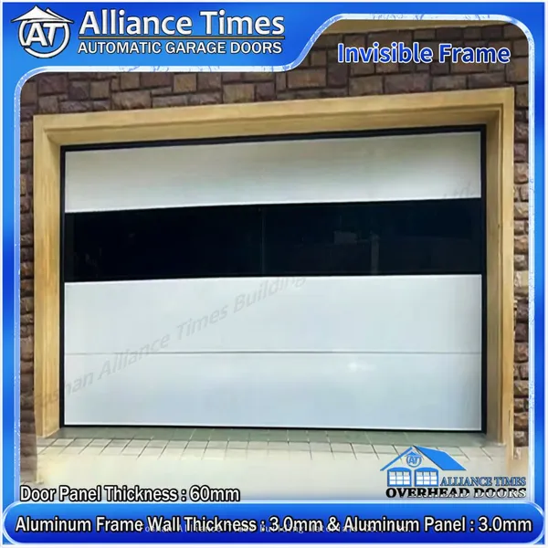 Residential Modern Frameless Aluminum Flush Panels Sectional Garage Doors with a Black Glass Panel