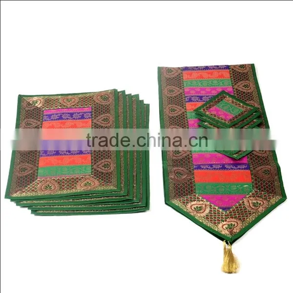 Indian Silk Table Runner With 6 Place Mats & 6 Coaster in Green Color Size 16*62 photo-3
