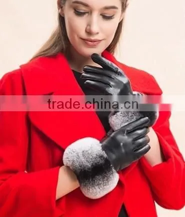 Ladies Wearing Leather Gloves With Gradient Rex Rabbit Fur Trim Genuine Sheep Skin photo-2
