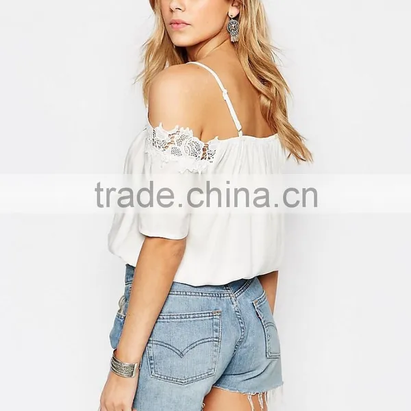 2016 Latest Off Shoulder Lace Trim Crochet Top HST8008 photo-3